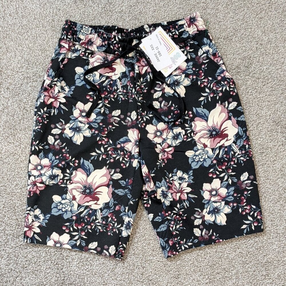 New LULAROE Black Floral Stretchy Pull-On Activewear Bermuda Shorts; Size XXS